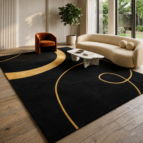Obsidian abstract hand-tufted rug in beige, black, and charcoal for modern living room