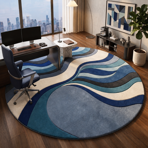 Ocean Drift round hand-tufted rug in blue, peach, and white for coastal-inspired living room