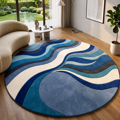 Ocean Drift round hand-tufted rug in blue, peach, and white for coastal-inspired living room
