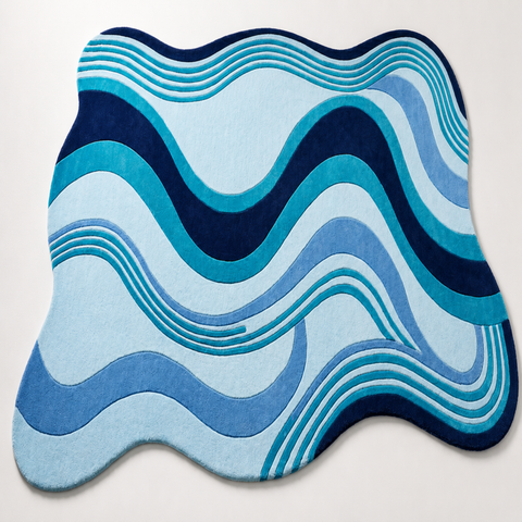 Ocean irregular hand-tufted rug in blue, brown, cobalt, and peach for eclectic living room
