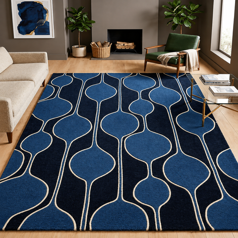 Ogee Wave modern hand-tufted rug in blue, cobalt, and navy with fluid wave pattern