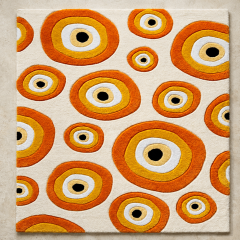 Oracle Eye oval hand-tufted rug in orange, white, and yellow with abstract eye design