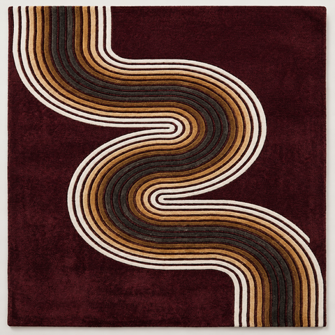 Serpents Path modern hand-tufted rug in brown, charcoal, and red with sinuous snake-like patterns