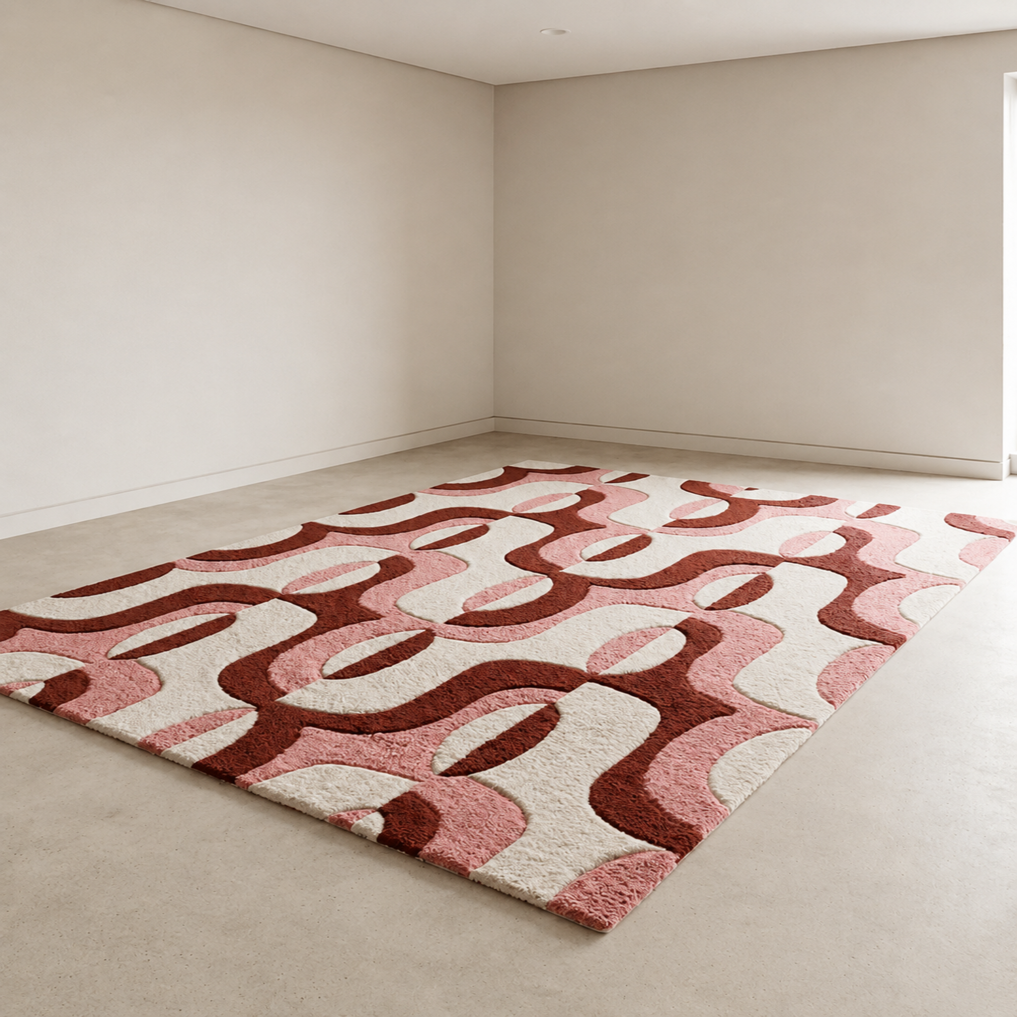 Sienna Swirl abstract hand-tufted rug in cream, peach, and white with warm swirling patterns