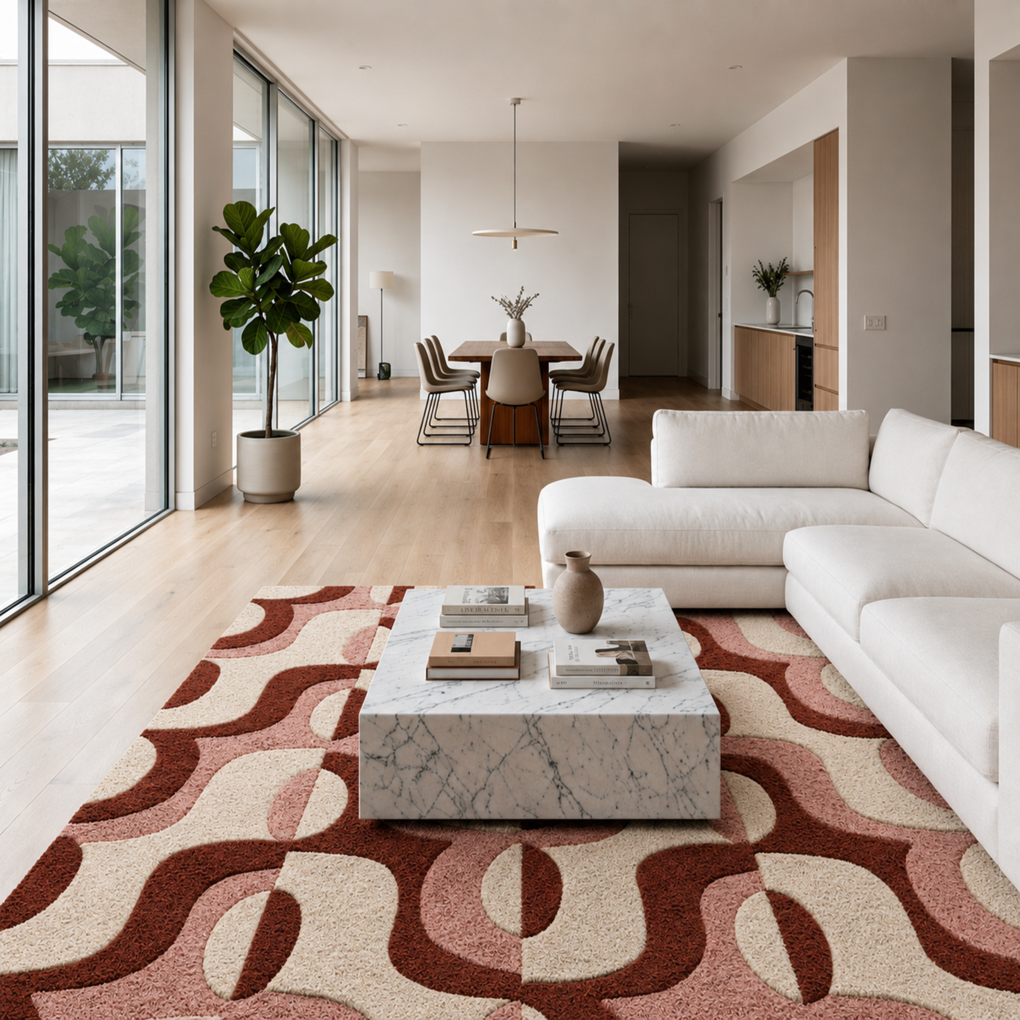 Sienna Swirl abstract hand-tufted rug in cream, peach, and white with warm swirling patterns