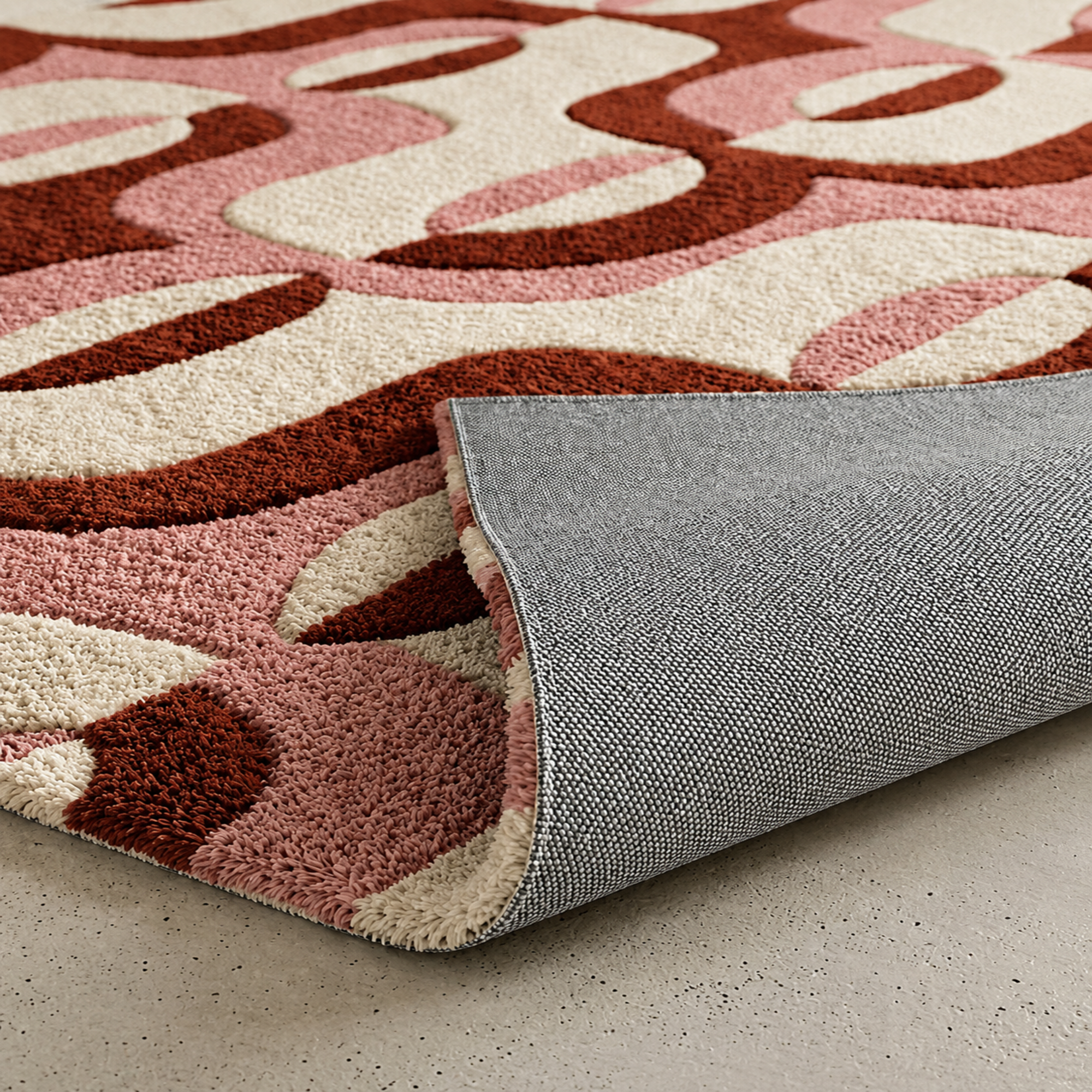 Sienna Swirl abstract hand-tufted rug in cream, peach, and white with warm swirling patterns