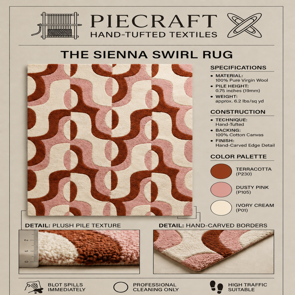 Sienna Swirl abstract hand-tufted rug in cream, peach, and white with warm swirling patterns