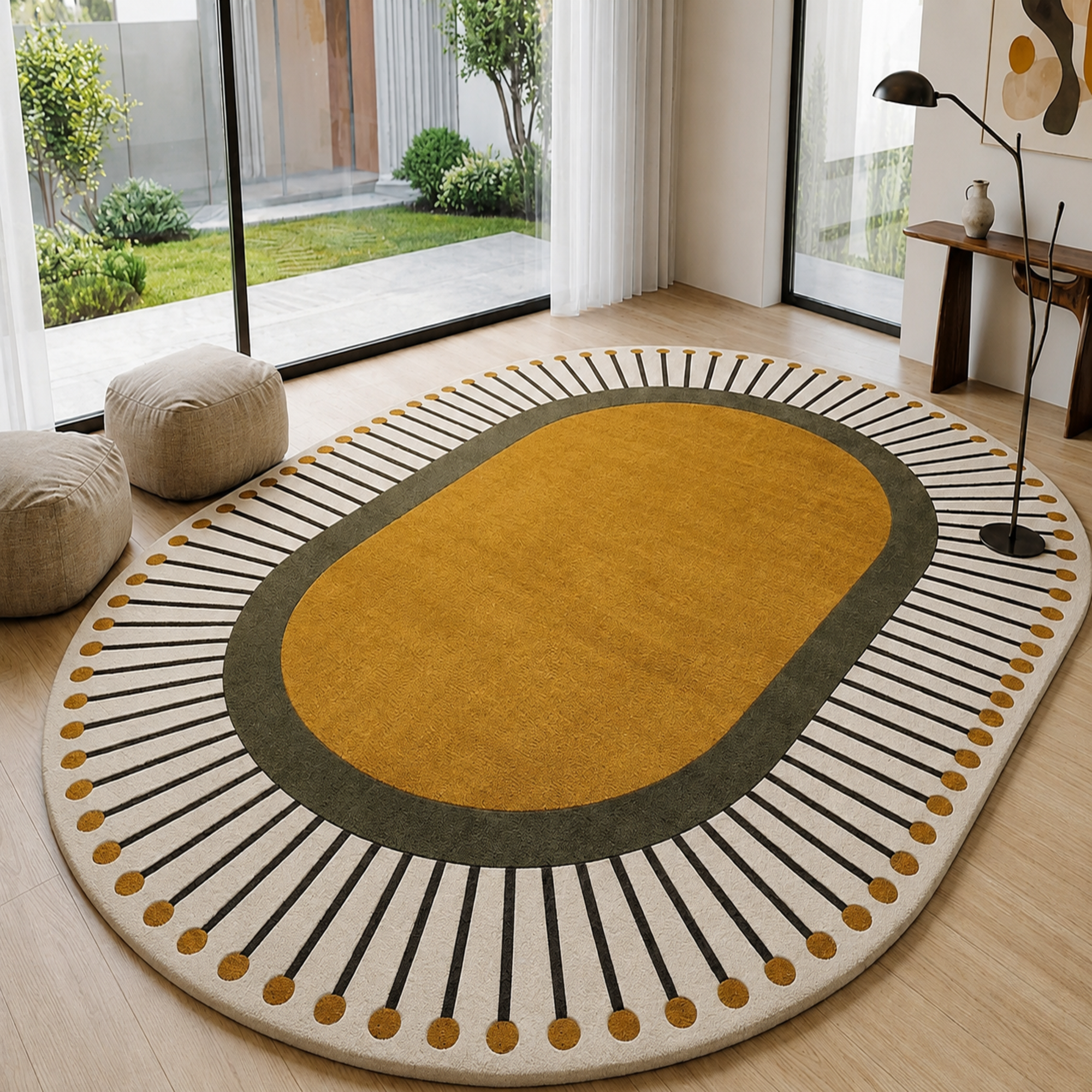 Solstic Oval modern hand-tufted rug in orange, white, and yellow with sunny solstice-inspired design
