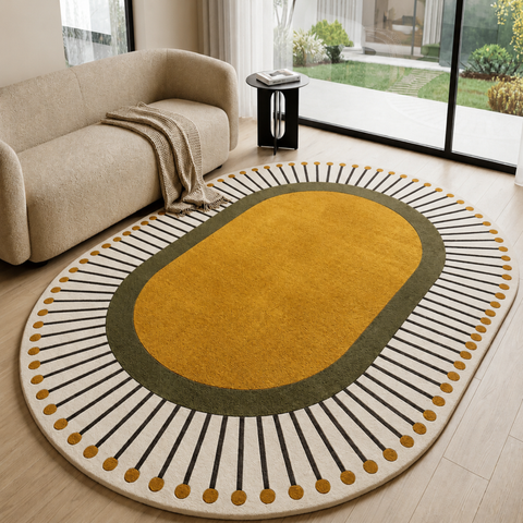 Solstic Oval modern hand-tufted rug in orange, white, and yellow with sunny solstice-inspired design