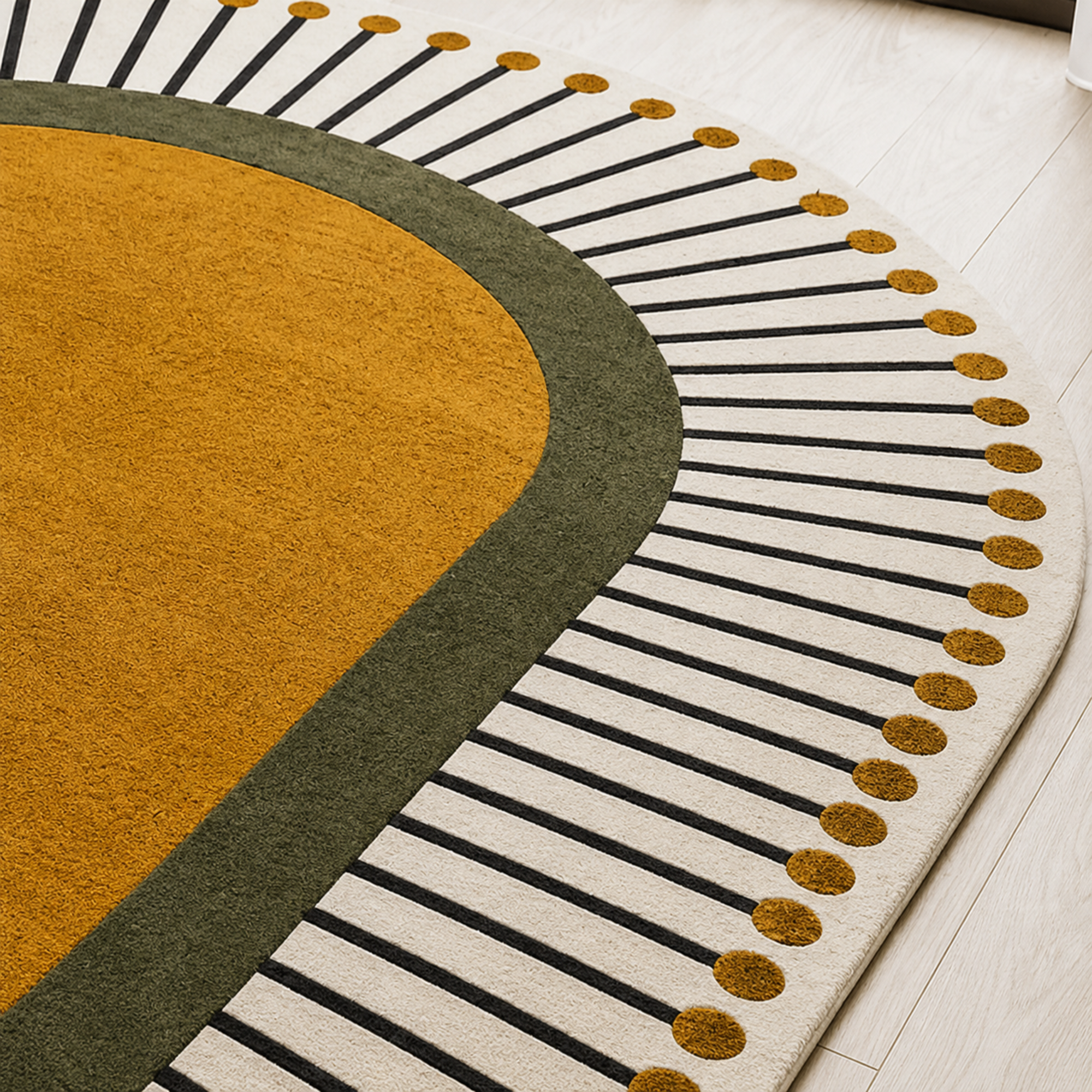 Solstic Oval modern hand-tufted rug in orange, white, and yellow with sunny solstice-inspired design