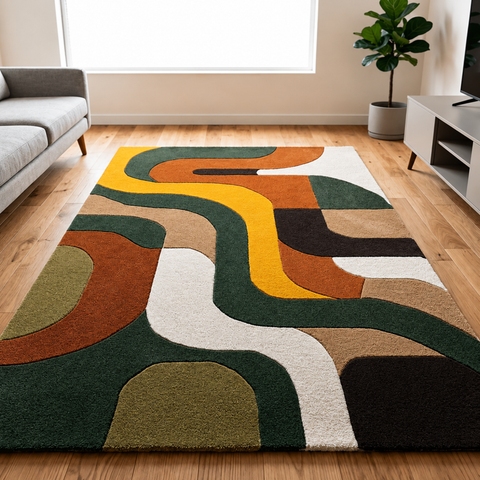 Spectrum abstract hand-tufted rug in moss, olive, and sage with lush green natural tones