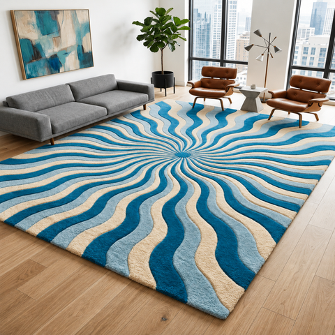 Spiral Vertex geometric hand-tufted rug in cream, grey, and white with intricate spiraling patterns