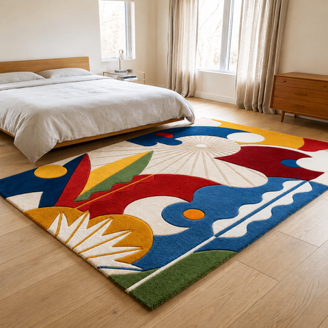 Sunscape abstract hand-tufted rug in coral, red, and white with fiery sunset-inspired patterns