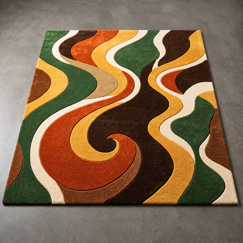 Swirl Rug - hand-tufted modern wool rug with black, cream, green and rust swirl pattern