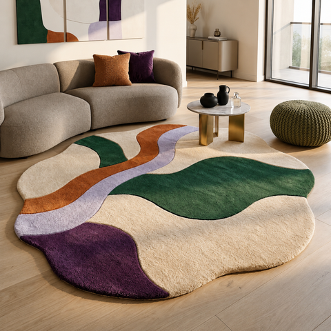 Tidal Contour Rug - hand-tufted irregular wool and silk rug in cream, green and peach contours