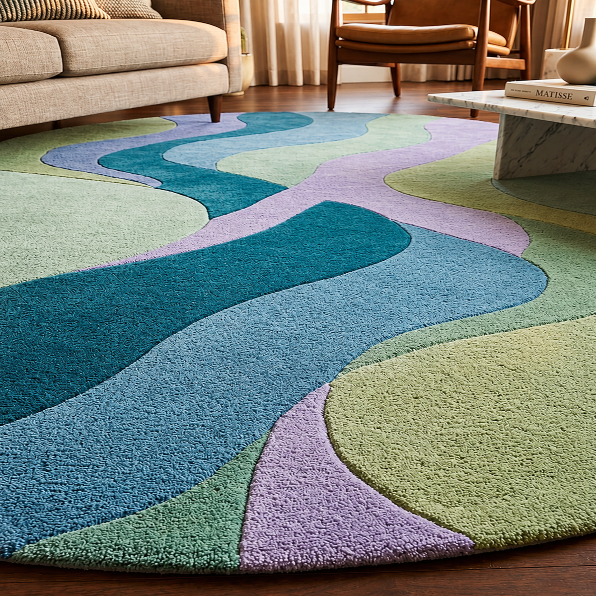 Tidal Drift Rug - hand-tufted round wool and silk rug in cream, peach and teal tidal pattern