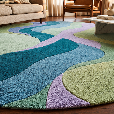 Tidal Drift Rug - hand-tufted round wool and silk rug in cream, peach and teal tidal pattern