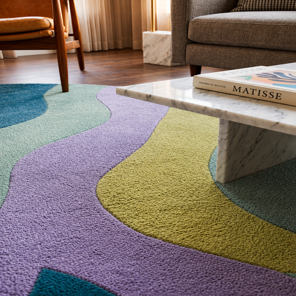 Tidal Drift Rug - hand-tufted round wool and silk rug in cream, peach and teal tidal pattern
