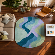 Tidal Drift Rug - hand-tufted round wool and silk rug in cream, peach and teal tidal pattern