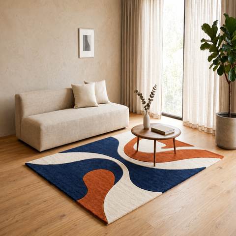 Tide and Tera Rug - hand-tufted modern wool and silk rug in cream, dark blue, navy and rust