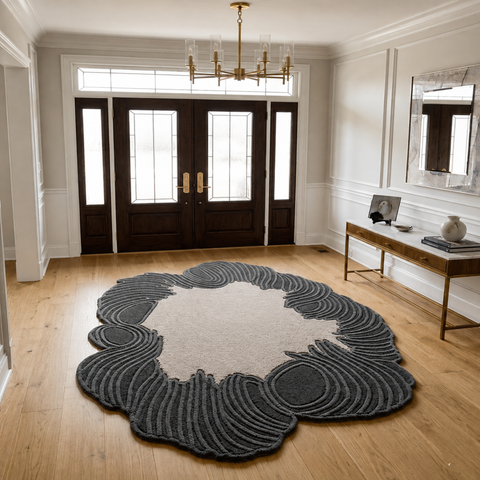 Topographical Rug - hand-tufted irregular wool and silk rug with charcoal, maroon and sand contour pattern