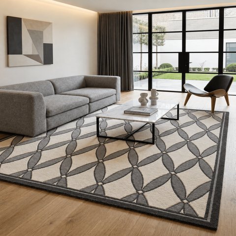 Trellis Rug - hand-tufted modern geometric wool and silk rug in black, grey and sand