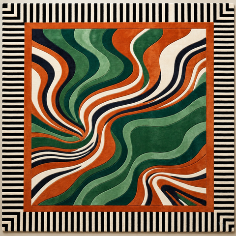 Vortex Rug - hand-tufted abstract wool and silk rug with black, cream, green and rust spiral pattern