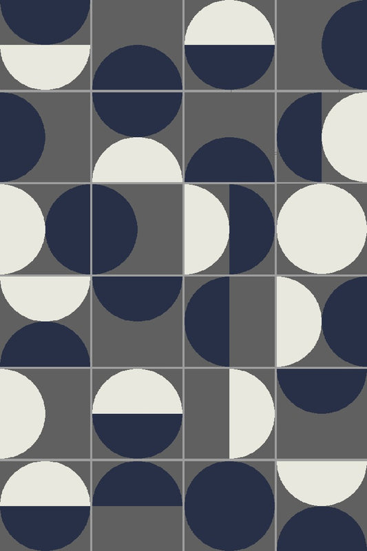 "Modern Geometric NZ Wool Rug – Navy, White & Grey Circle Design for Living Room, Bedroom & Office"