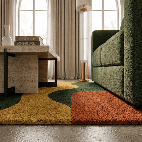 Wave Crest Rug - hand-tufted abstract wool and silk rug in coral, olive and orange wave pattern