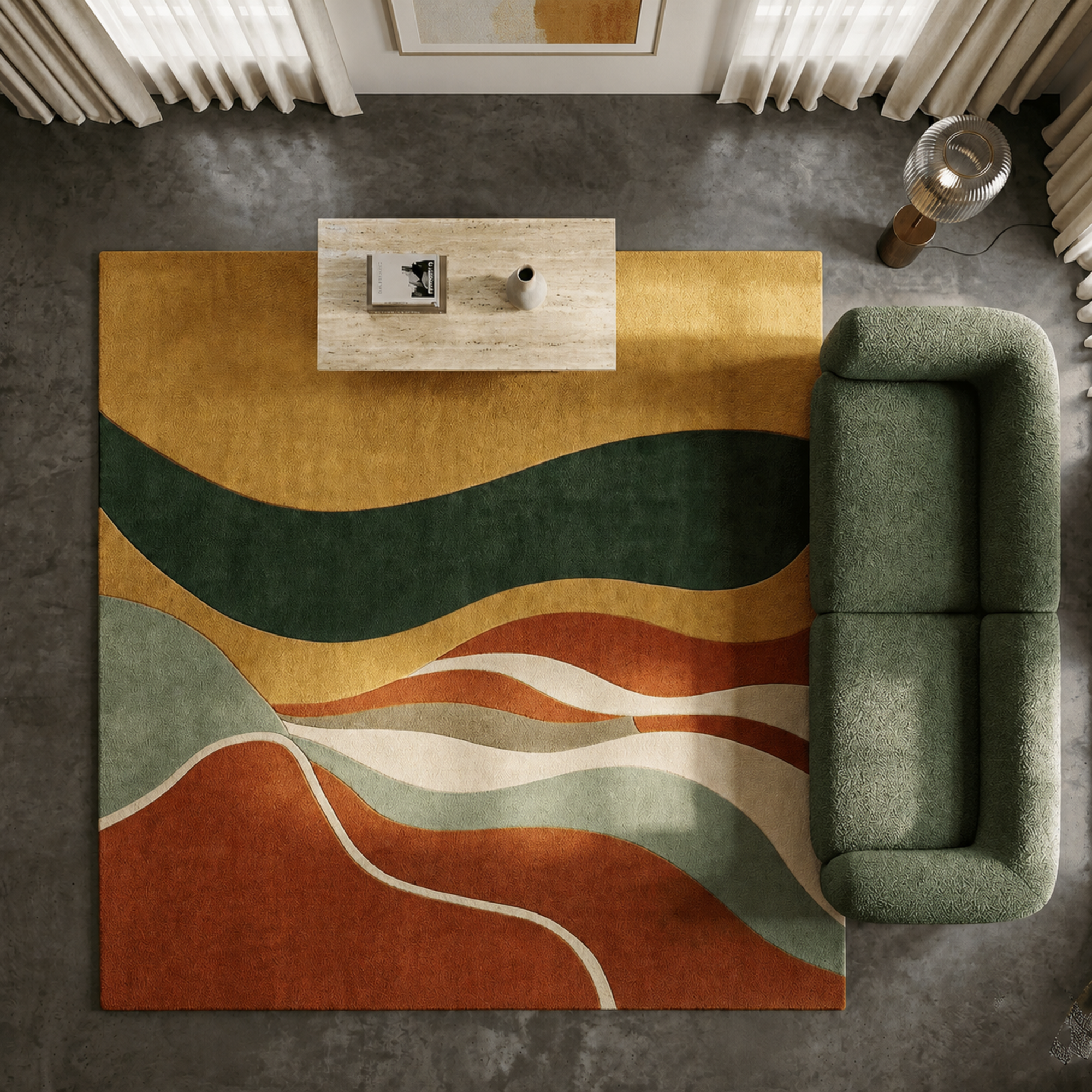 Wave Crest Rug - hand-tufted abstract wool and silk rug in coral, olive and orange wave pattern