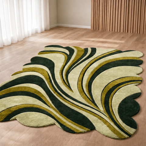 Wave Flow Rug - hand-tufted irregular wool and silk rug in black, dark green and olive flowing pattern