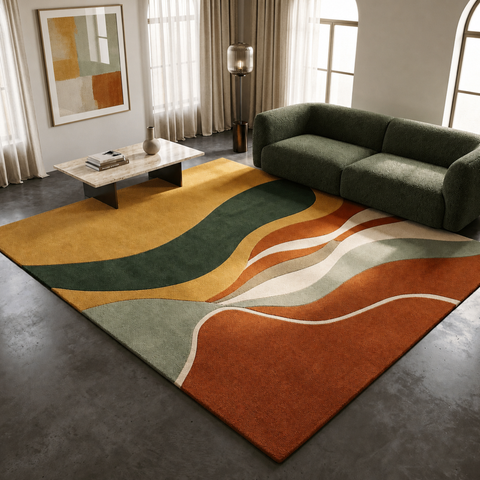 Wave Crest Rug - hand-tufted abstract wool and silk rug in coral, olive and orange wave pattern