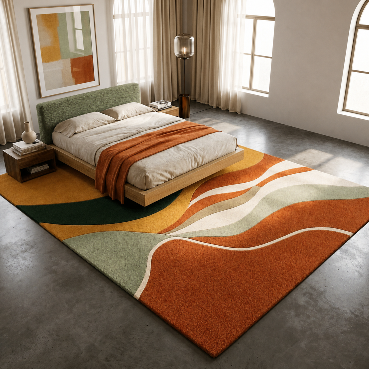 Wave Crest Rug - hand-tufted abstract wool and silk rug in coral, olive and orange wave pattern