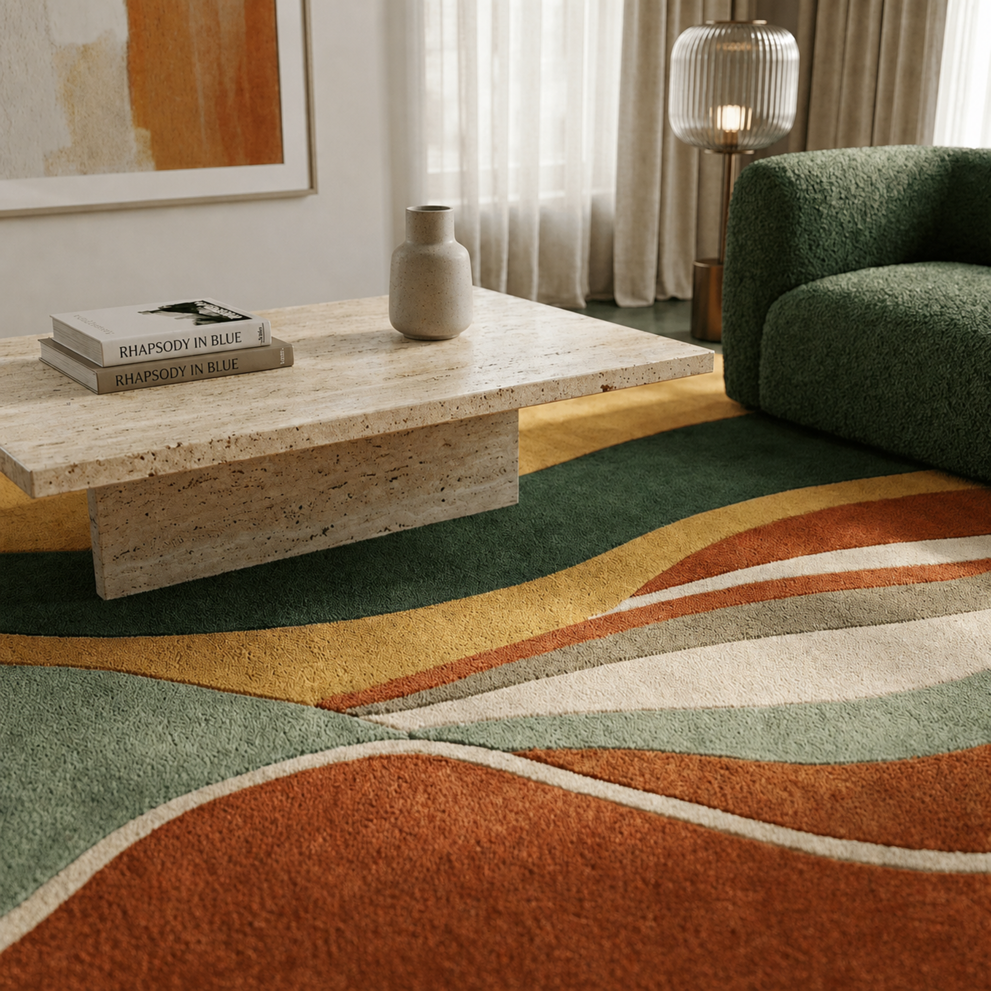 Wave Crest Rug - hand-tufted abstract wool and silk rug in coral, olive and orange wave pattern