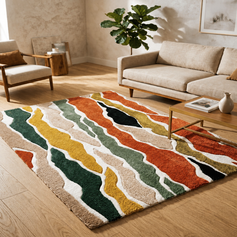 Wave Pattern Rug - hand-tufted modern wool and silk rug in cream, peach and white wave design