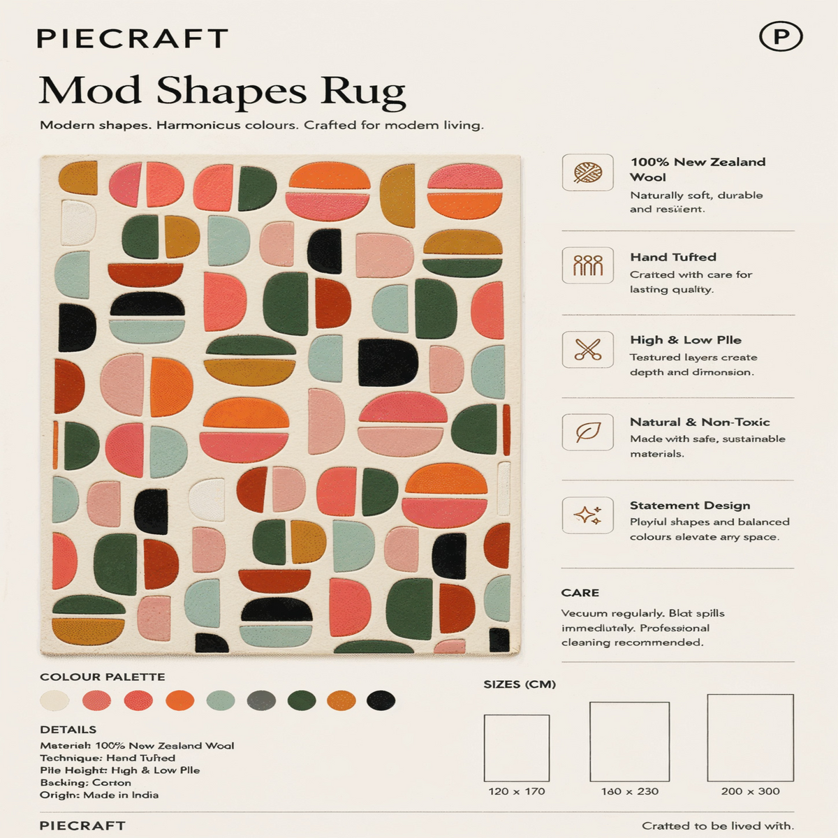Mod Rug - Hand-tufted modern rug in cream, peach, and white - ThePieCraft
