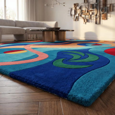Aurora Rug in blue green and sand - hand-tufted abstract wool rug with polar light inspired design