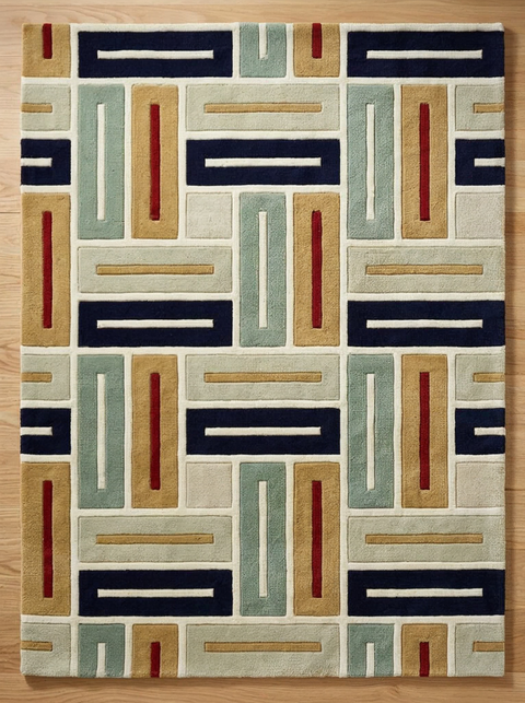 Interlocking Rug - Hand-tufted modern rug in dark blue, sand, and white - ThePieCraft