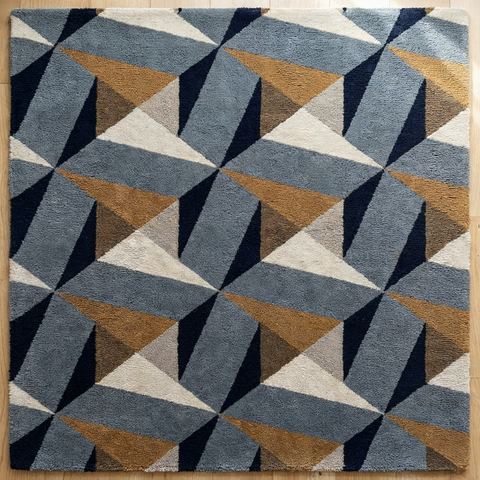 Facet geometric rug in grey navy and rust - hand-tufted NZ wool rug with sharp angular gemstone inspired design