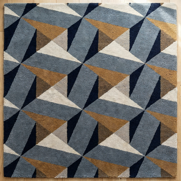 Facet geometric rug in grey navy and rust - hand-tufted NZ wool rug with sharp angular gemstone inspired design