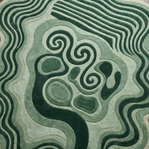 Amorphous irregular rug in green moss and sage tones - hand-tufted NZ wool designer rug for bedroom