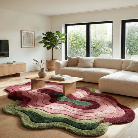 Contour irregular rug in coral maroon and sand - hand-tufted NZ wool rug with organic topographic design