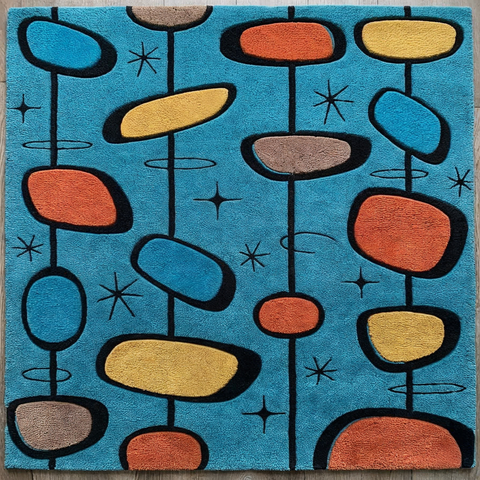 Atomic Orbit Rug in black caramel and white - hand-tufted abstract wool rug with orbital mid-century design