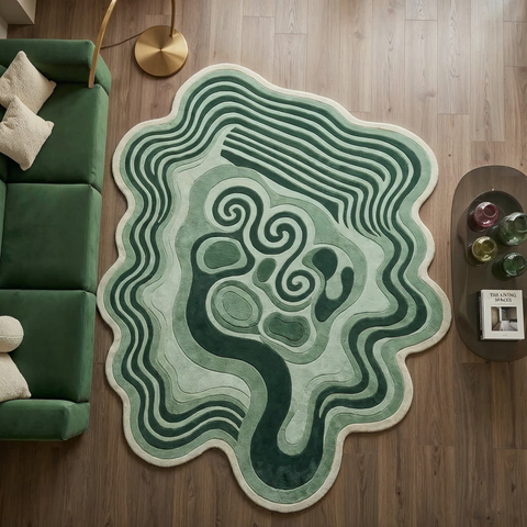Amorphous irregular rug in green moss and sage tones - hand-tufted NZ wool designer rug for bedroom