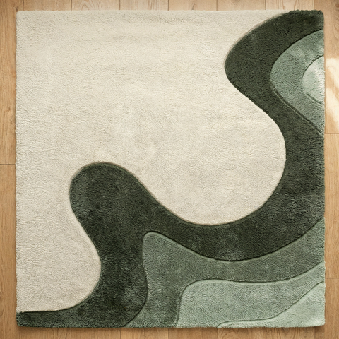 Contour Wave modern rug in olive sand and white - hand-tufted NZ wool rug with flowing wave pattern