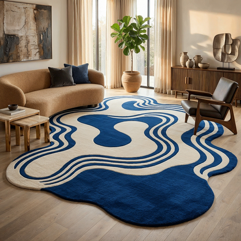 Indigo Rug - Hand-tufted irregular rug in cobalt, cream, indigo, and white - ThePieCraft
