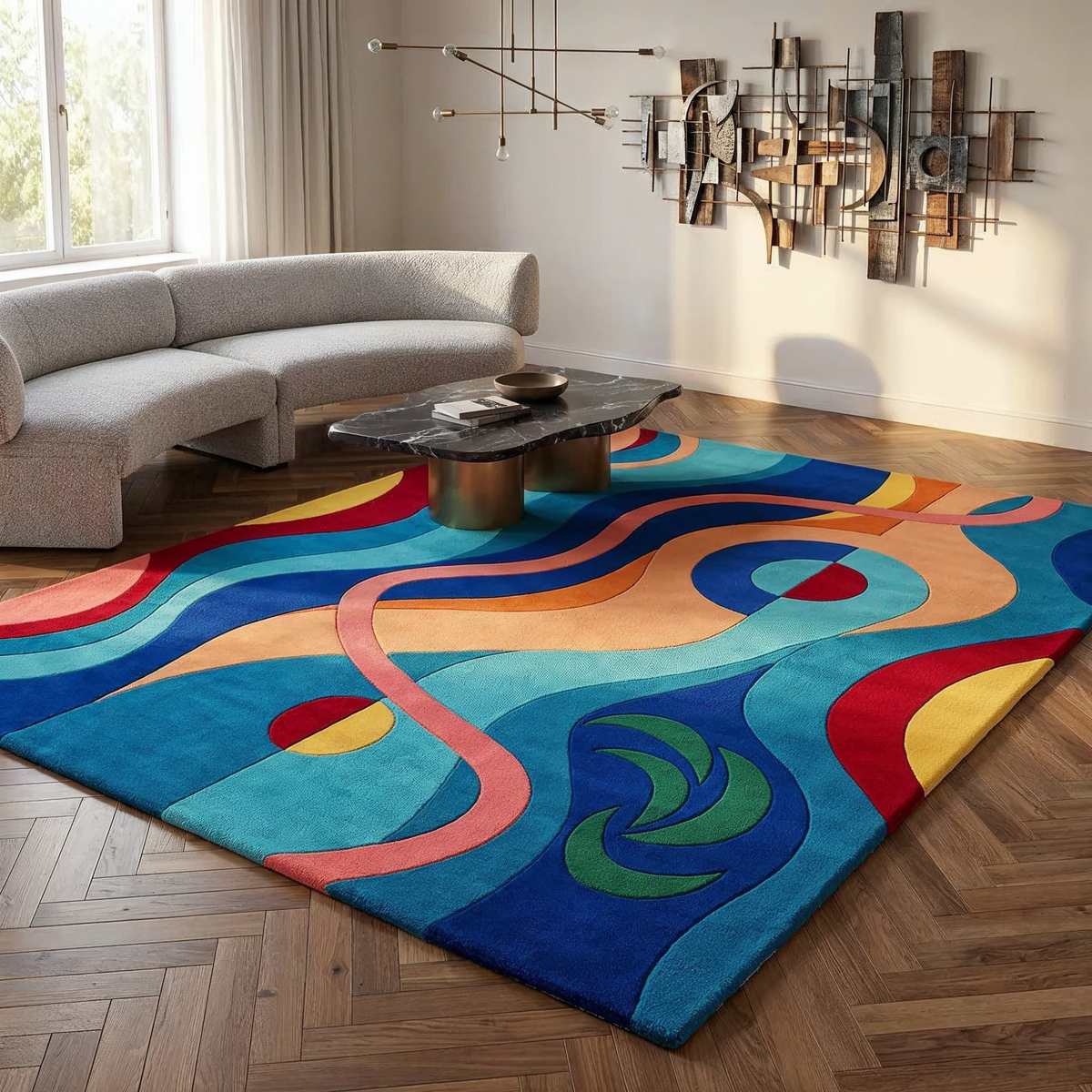 Aurora Rug in blue green and sand - hand-tufted abstract wool rug with polar light inspired design