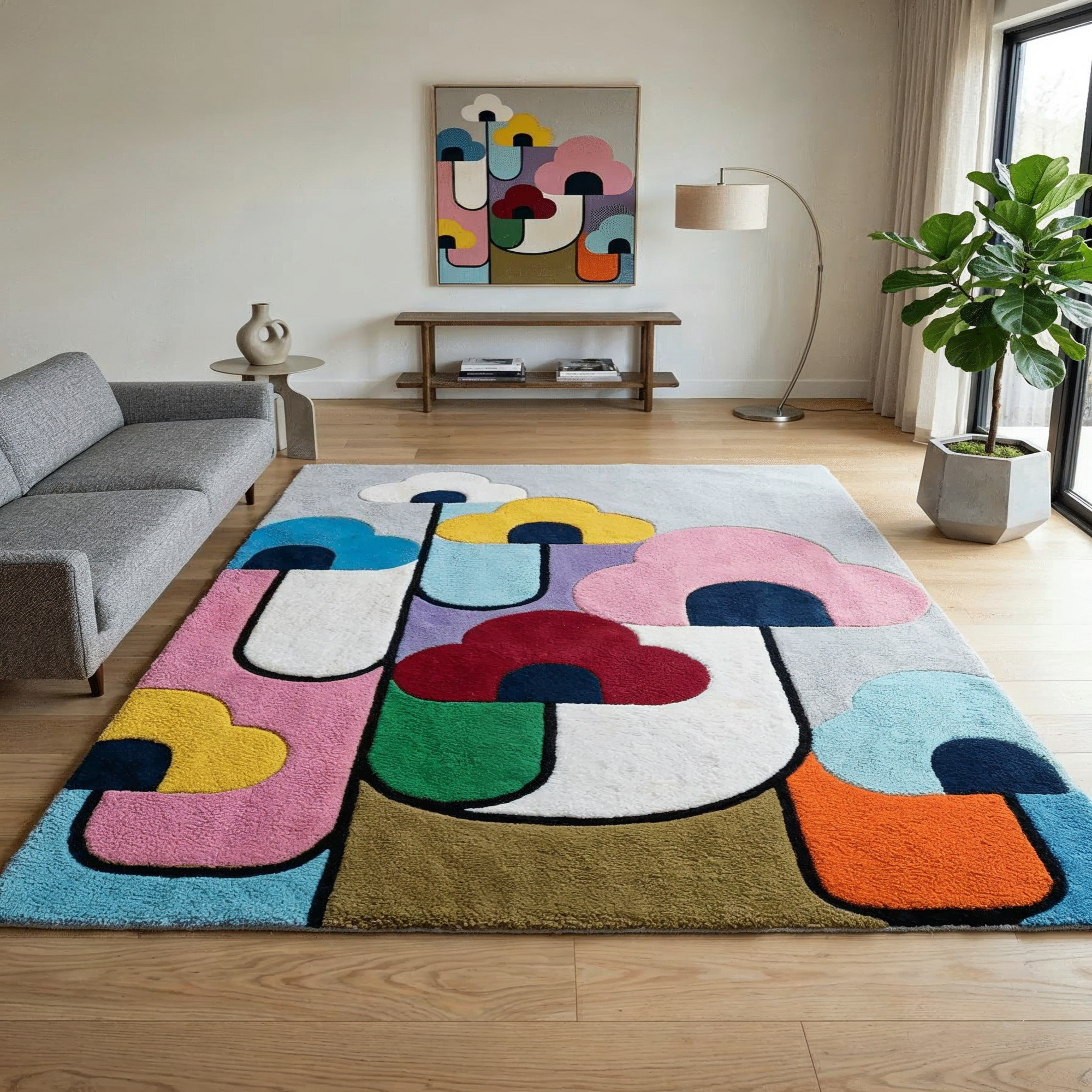 Bloomscape modern rug in cream navy and sand - hand-tufted floral inspired wool rug for living room