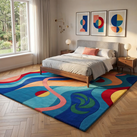 Aurora Rug in blue green and sand - hand-tufted abstract wool rug with polar light inspired design