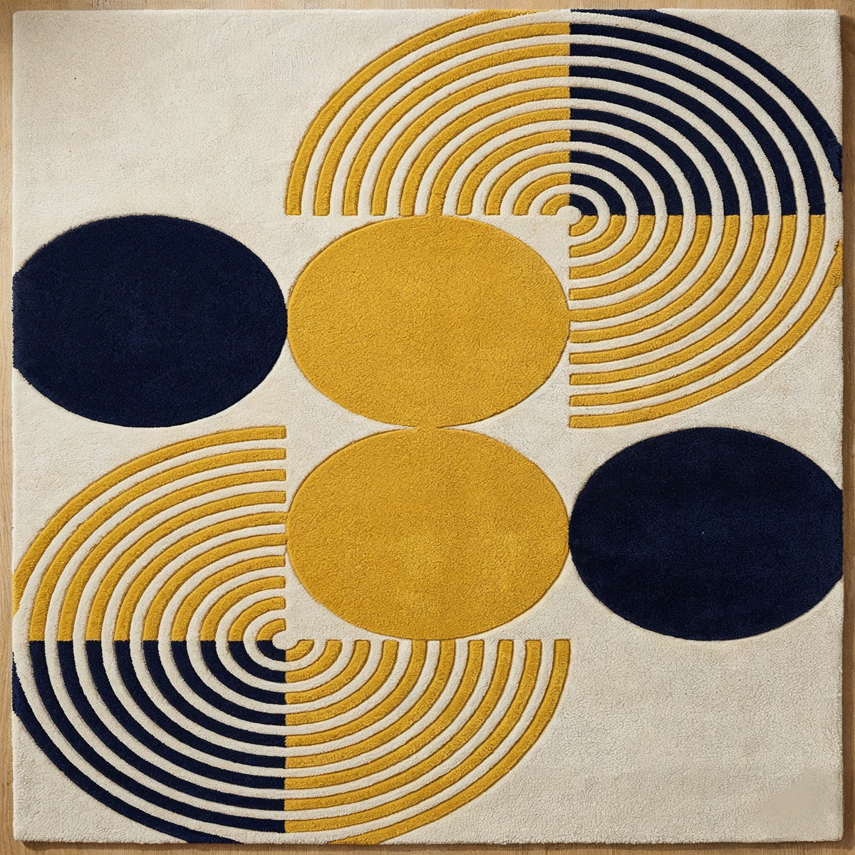 Arco Concentric Rug with mustard navy and yellow concentric arcs - hand-tufted geometric wool rug